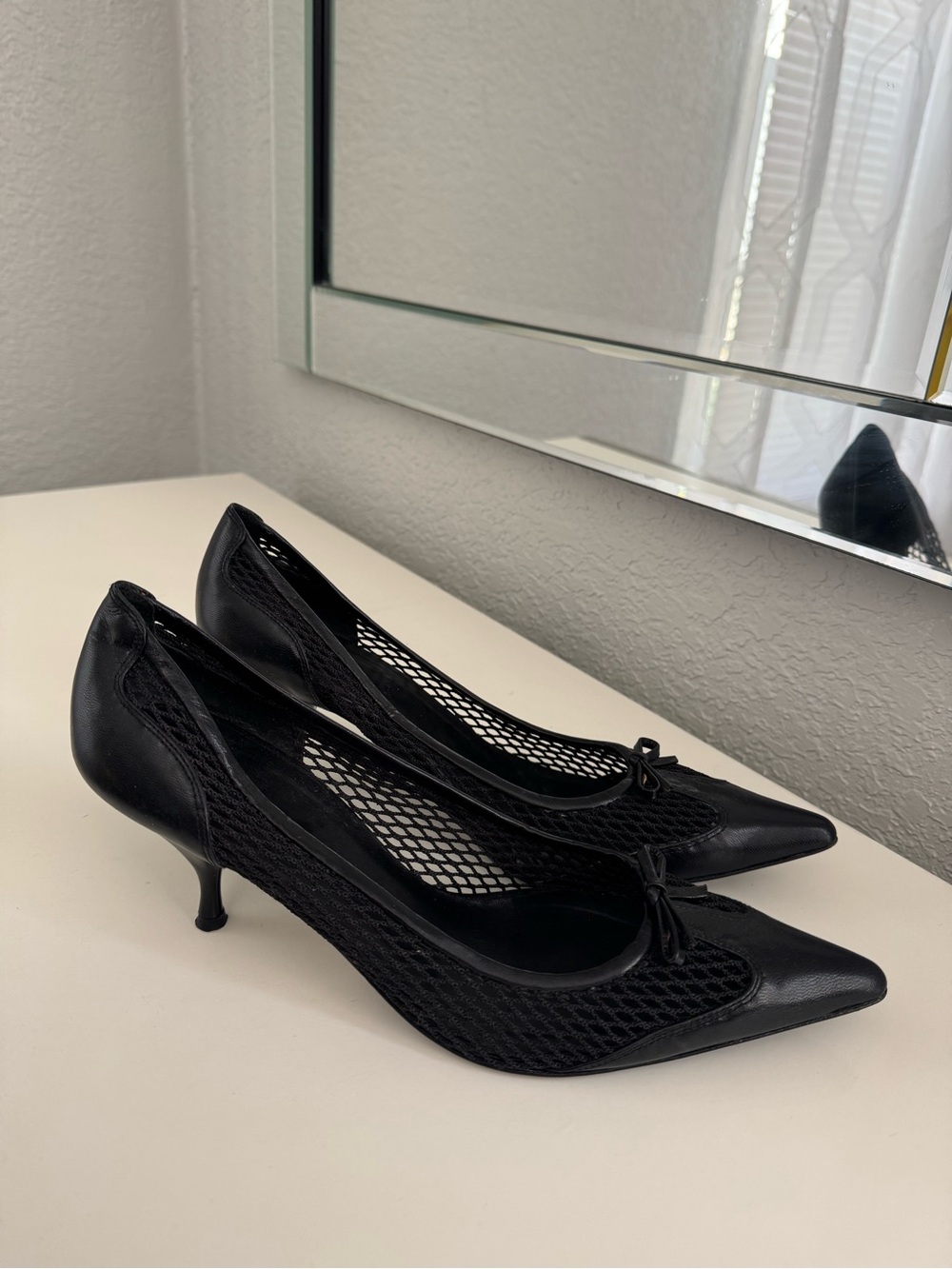 Delman Black Mesh Pointed-Toe Kitten Heels